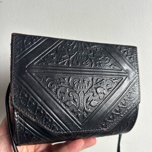 Vintage MOROCCAN MAGIC Black EMBOSSED Leather Mini Crossbody Bag Purse